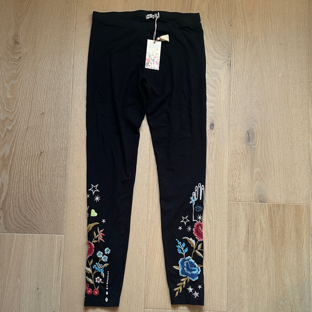 Johnny Was Black Leggings with Floral Accents